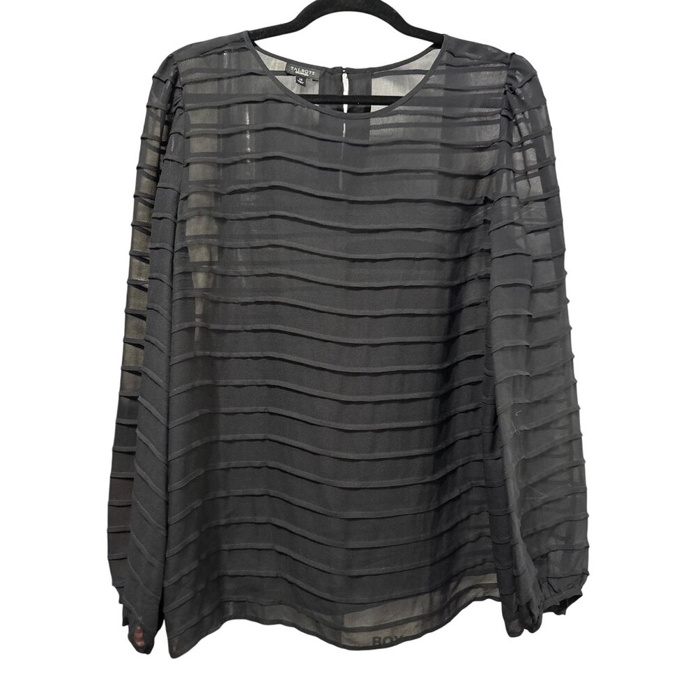 Talbots Black Sheer Striped Long Sleeve Blouse Size 14 Keyhole Back - Picture 1 of 6